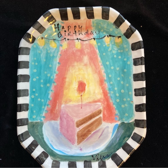 Happy Birthday “Handmade Ceramic 8 Sided Platter 13”x10” Cake Design - Picture 4 of 10